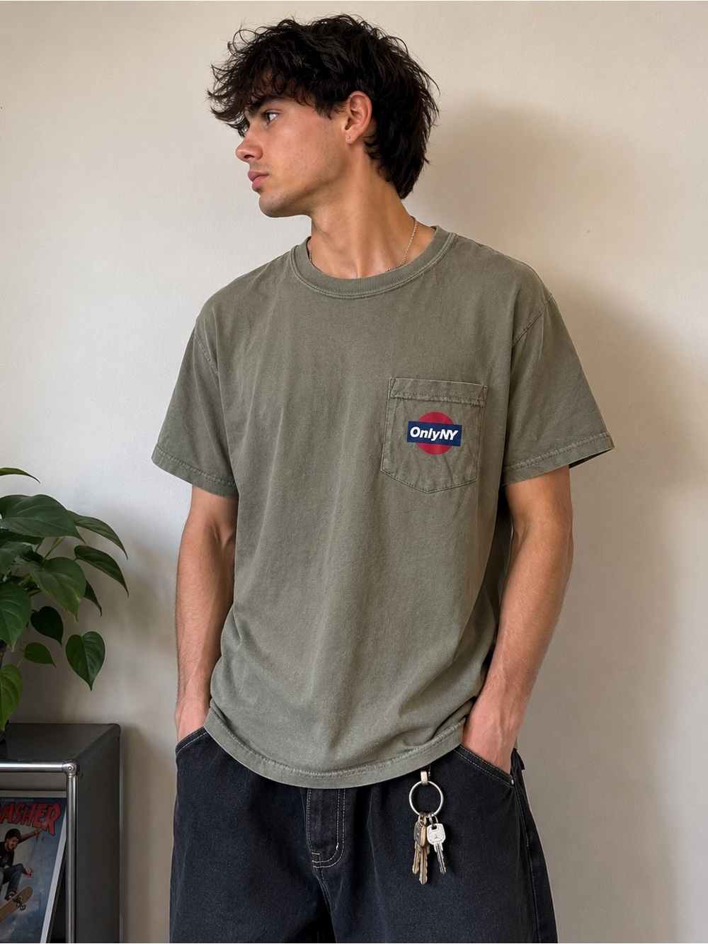 OnlyNY Pocket T-Shirt Men’s Olive Green Logo Tee NYC Streetwear Skate Size M